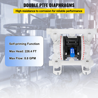 Dubbele Membraanpomp – Pneumatische Pomp – Luchtbediende Pomp – Vloeistofpomp – Transferpomp – Polypropyleen Behuizing – PTFE Membraan – 8,8 GPM Flow – Max 120 PSI Druk