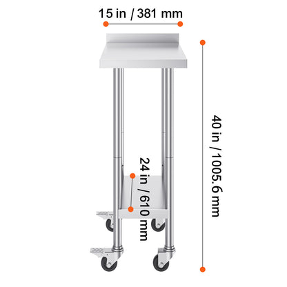 Roestvrijstalen Werktafel – Werkbank – Keukentafel – Prep Tafel – RVS Werkblad – 24"x15" – Verstelbare Legplanken – Wieltjes Met Rem