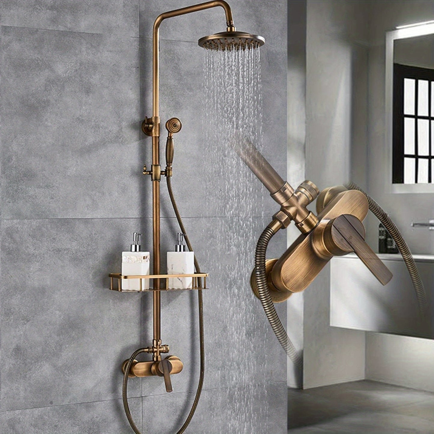 Vintage Douche Systeem – Douche Set – Regendouche – Handdouche – Douchearmatuur – Antiek Messing – 360° Draaibare Douchekop – Duurzaam En Waterbestendig