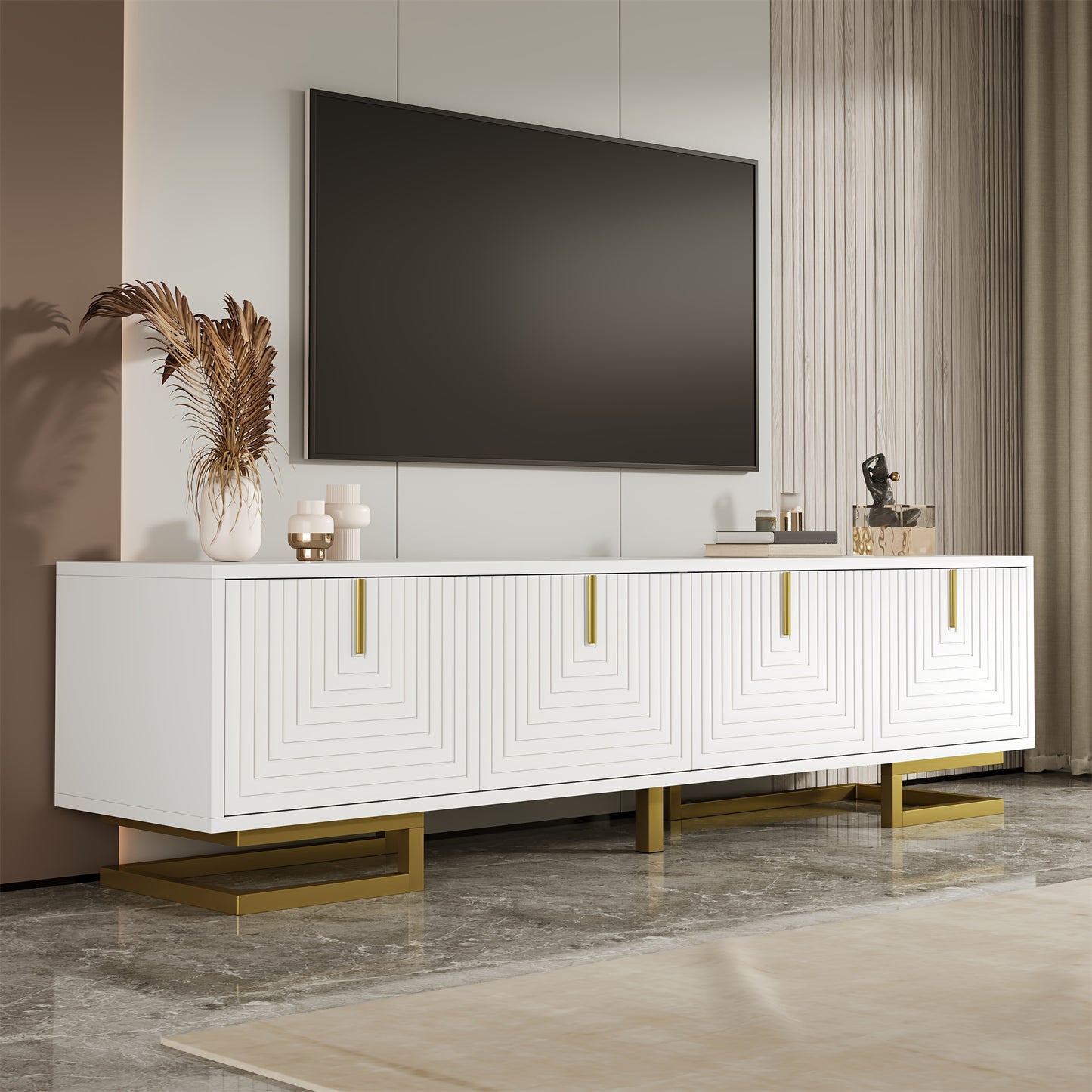 Modern Low-Profile TV Cabinet with Textured Doors & Golden Handles/Legs - -Standing Media Console, Ample Storage Space Suitable for, (No Wood)