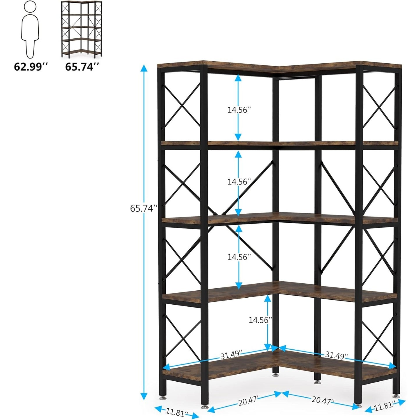 Hoekboekenkast – Hoekkast – Boekenkast – Opbergkast – Wandplank – Vrijstaand – 7 Planken – Metalen Frame – Wit – Ruimtebesparend – Stabiel