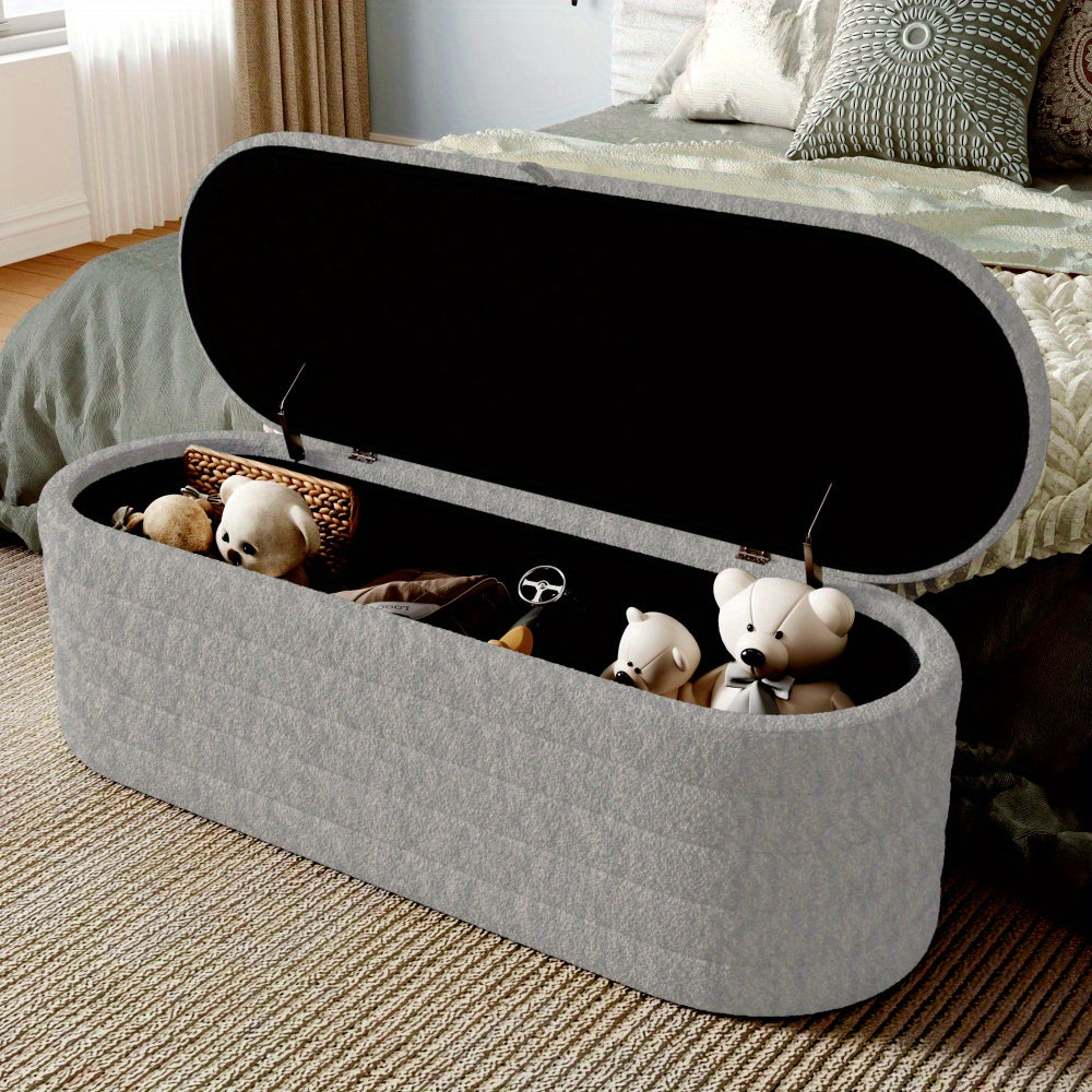 Poef Met Opbergruimte – Opbergpoef – Voetenbank – Hocker – Zitkist – Groot 120x40 cm – Zachte Teddy Fleece Bekleding – Grijs