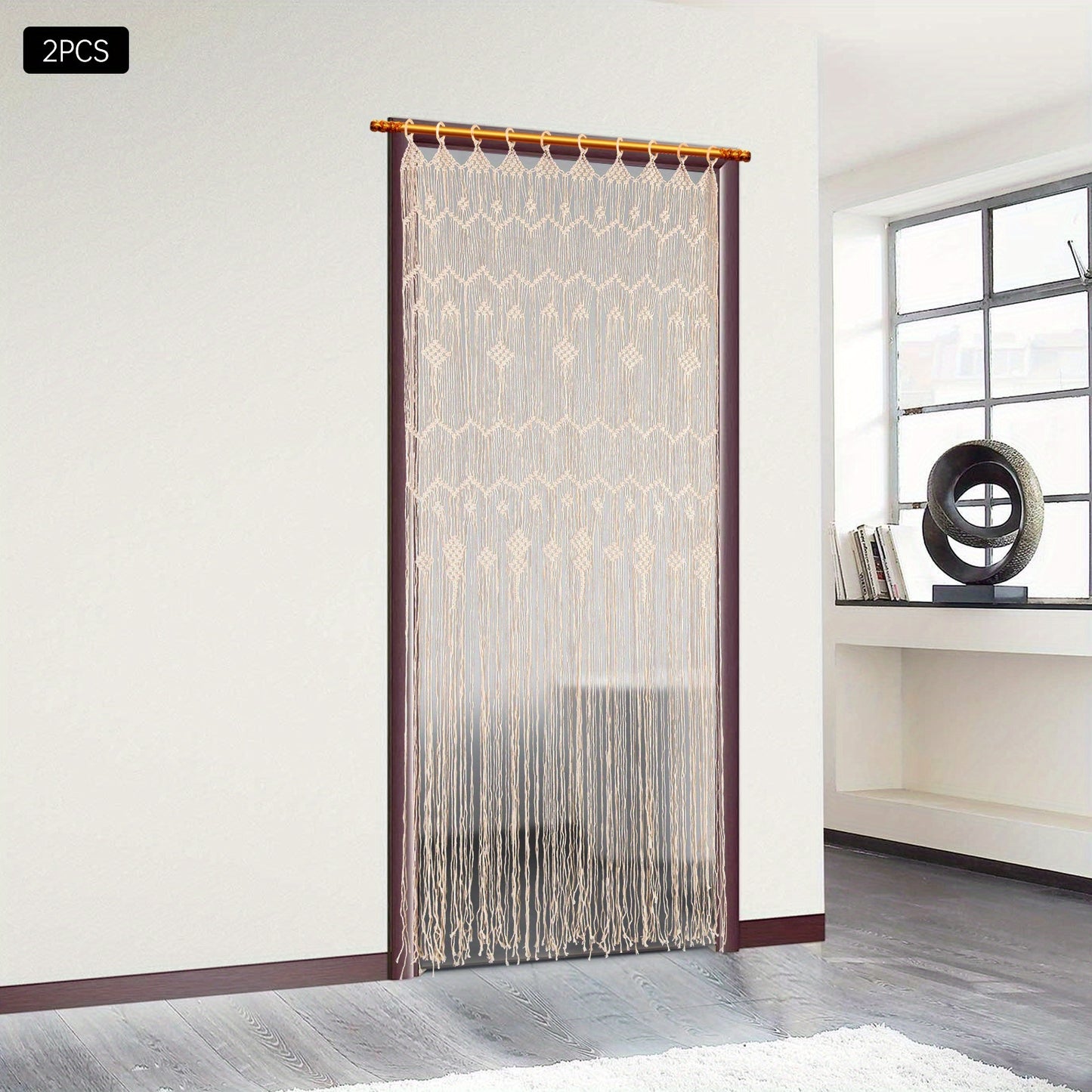 Macramé Gordijnen – Boho Gordijnen – Handgemaakte Gordijnen – Kamerscherm – Raamdecoratie – Beige / Naturel – Extra Lang 100x200 cm – Houten Ringen Voor Eenvoudig Ophangen