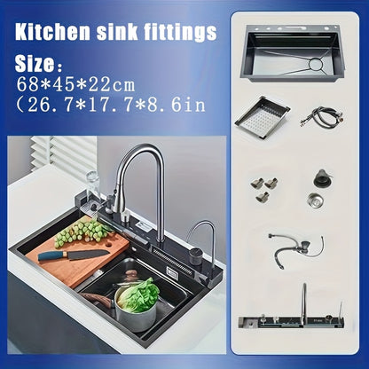 RVS Waterfall Spoelbak – Keukenspoelbak – Enkele Bak – Onderbouw Spoelbak – Camper Spoelbak – Gunmetal Grijs – Uittrekbare Kraan – Complete Accessoireset