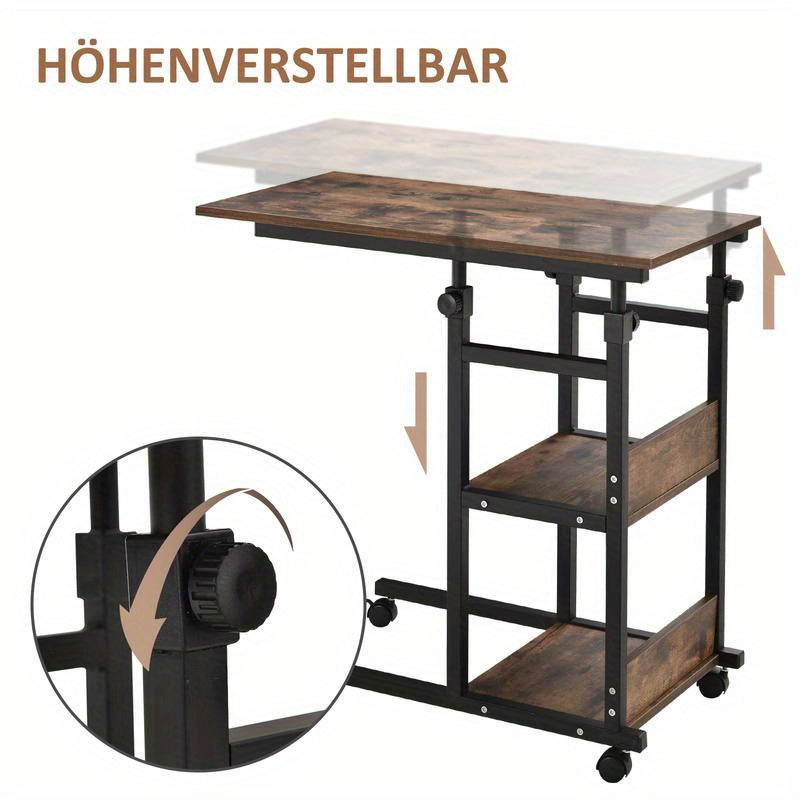 Side Table with Wheels, Adjustable Height, Compact, 2 Shelves, Metal Frame, 80X40X72-82 Cm, /Black, Living Room Table, Console Table, Suitable for Living Room, Dining Room, Bedroom, Foyer, Reception Area, Office, Balcony. Per
