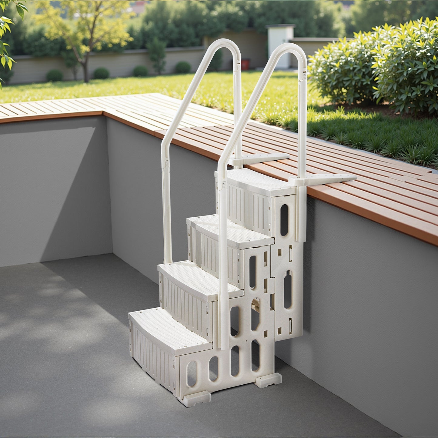 Zwembadtrap – Zwembadladder – Zwemtrap – Zwembad opstap – 4 treden met dubbele handgrepen – Draagvermogen 180 kg – Wit PE-plastic