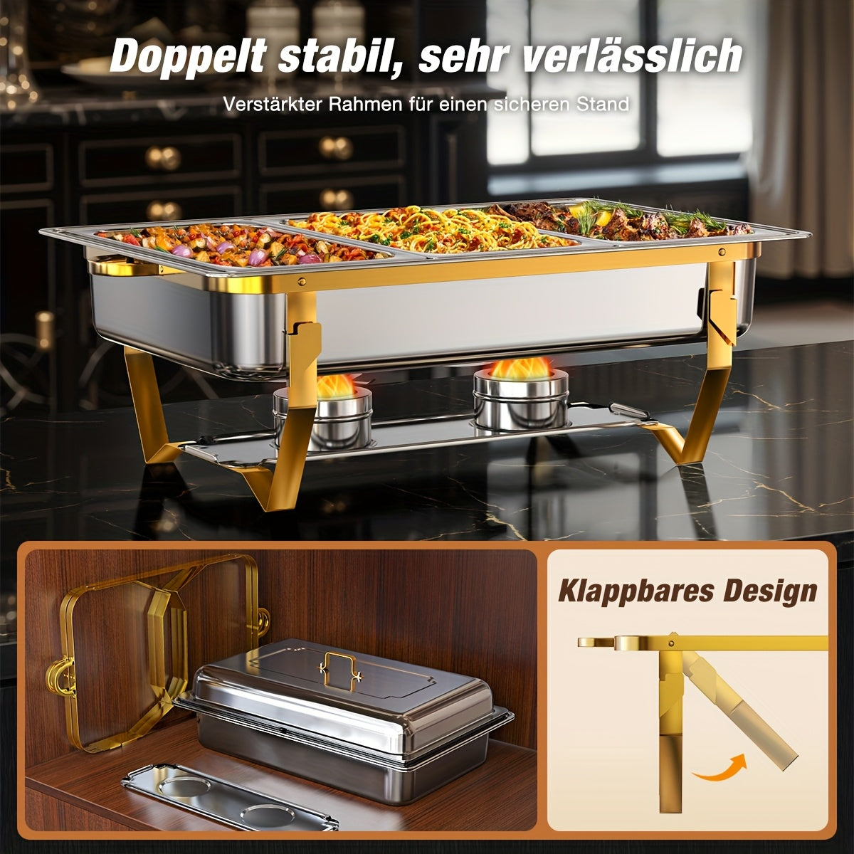 Buffetwarmer – Chafing Dish – Warmhoudbak – Voedselwarmer – Cateringpan – RVS Goudkleurig – Inklapbaar Frame – Voedselveilig 9L Set (2 stuks)