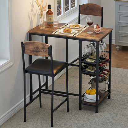 3pcs Bar Table Set for 2 with Footrest Chairs, Kitchen Table with 2 Upholstered Chairs, Dining Table Set with Wine Rack and Storage Shelf, Cup Holder for Kitchen and Dining Room, Small Space, Apartment, Dining Table Set for 2