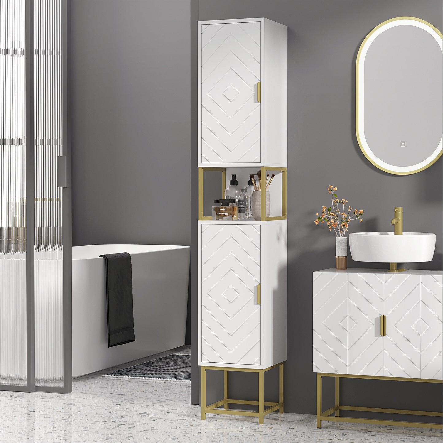 Badkamerkast – Badkamermeubel – Kolomkast – Opbergkast – Wastafelonderkast – Compact Design – MDF Met Gouden Metalen Pootjes