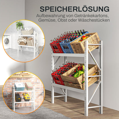 Drankenkistenrek – Bewaarkastje – Opbergrek – Krattenrek – Stelling – Wit Stalen Frame – Verstelbare Hoogte – 110x30x110 cm – 6 Kratten capaciteit