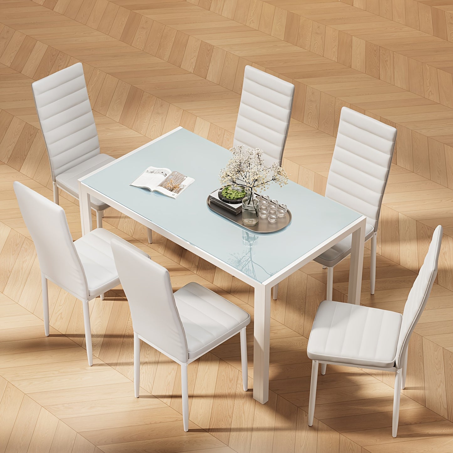 Eettafelset – Eethoek – Zitgroep – Keukentafelset – Eetkamermeubel – Ronde 6-persoons – Tempered Glass Tafelblad – Gestoffeerde Stoelen – Ruimtebesparend – Modern Design
