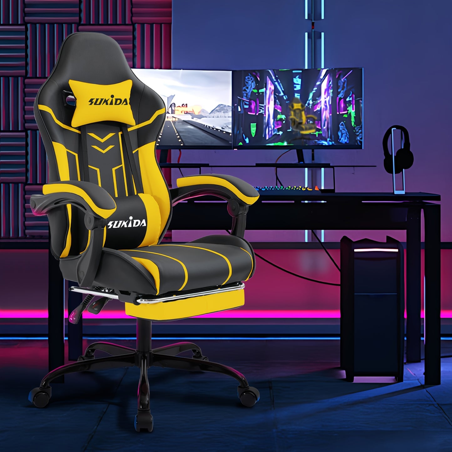 Gamingstoel – Gamestoel – Gaming Chair – Bureaustoel – Game Stoel – Verstelbare Hoogte – Geïntegreerde Voetensteun – Brede Zitoppervlakte – Ergonomische Hoge Rugleuning