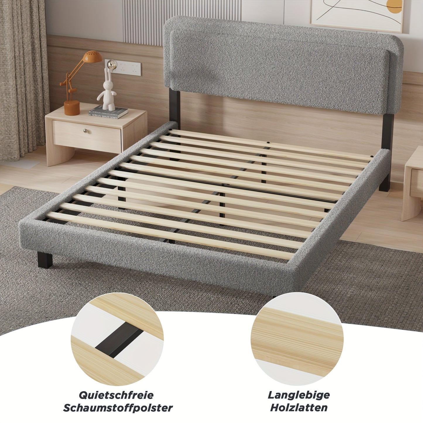 Modern Gestoffeerd Tweepersoonsbed met Pluche Grijs Lamshuid Hoofdeinde – Stevige Houten Lattenbodem, Eenvoudige Montage, Boxspring Niet Nodig – 90x200 / 140x200 / 160x200 cm