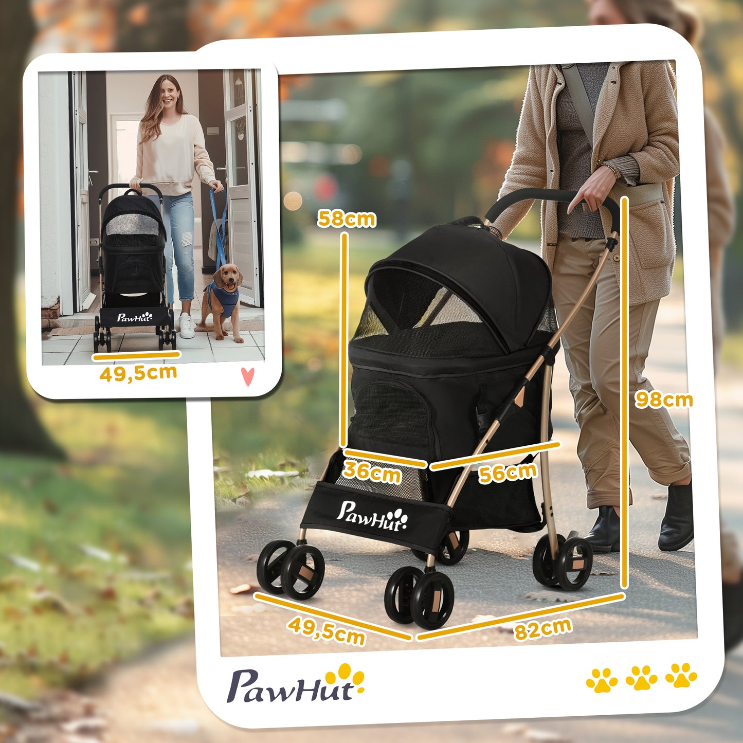 Dierenwagen – Hondenwagen – Kattenwagen – Huisdierenwagen – Dierenbuggy – 2-in-1 Uitneembare Binnenmand – Stevig Metaal Frame met Ademende 600D Oxford Bekleding – Zwart