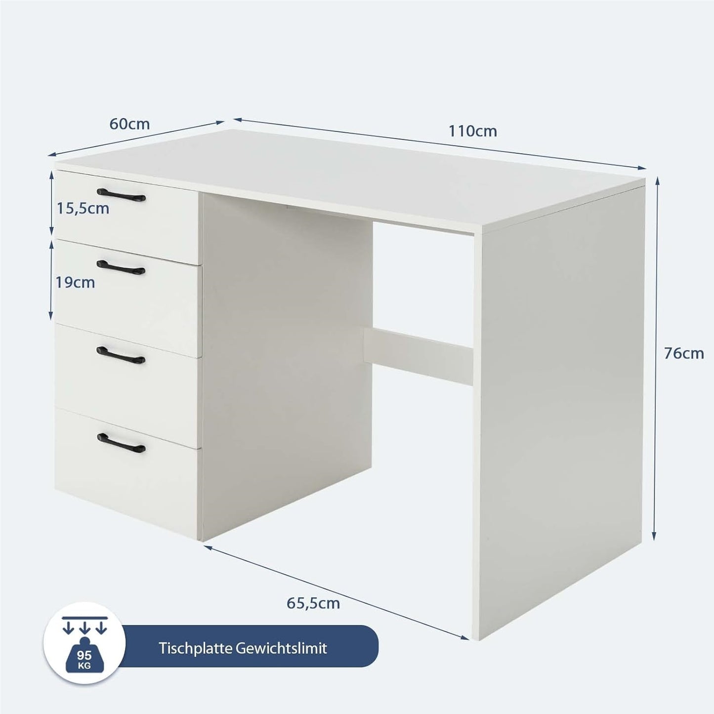 Bureau – Computertafel – Werkplek – Studietafel – Schrijftafel – Modern Wit Design – 110 x 60 x 76 cm – 4 Ruime Lades