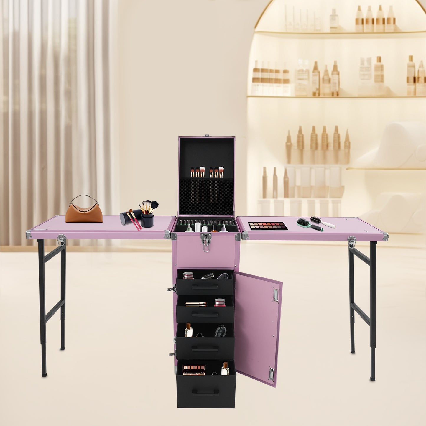 Inklapbare Nageltafel – Mobiele Manicure Tafel – Nagelstudio Werkbank – Beauty Tafel – Nageltools Organizer – Stevig Aluminium Frame – Met Wieltjes en Slot Rosa