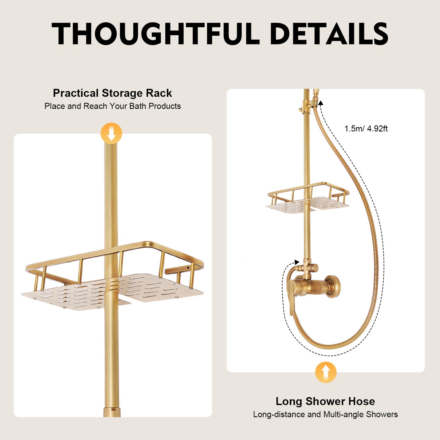 Douchekraan – Douchemengkraan – Douchekraan Thermostatisch – Doucheset – Regendouche – Antieke Messing Afwerking – Messing Materiaal – Verstelbare Douchebuis 75-120 cm