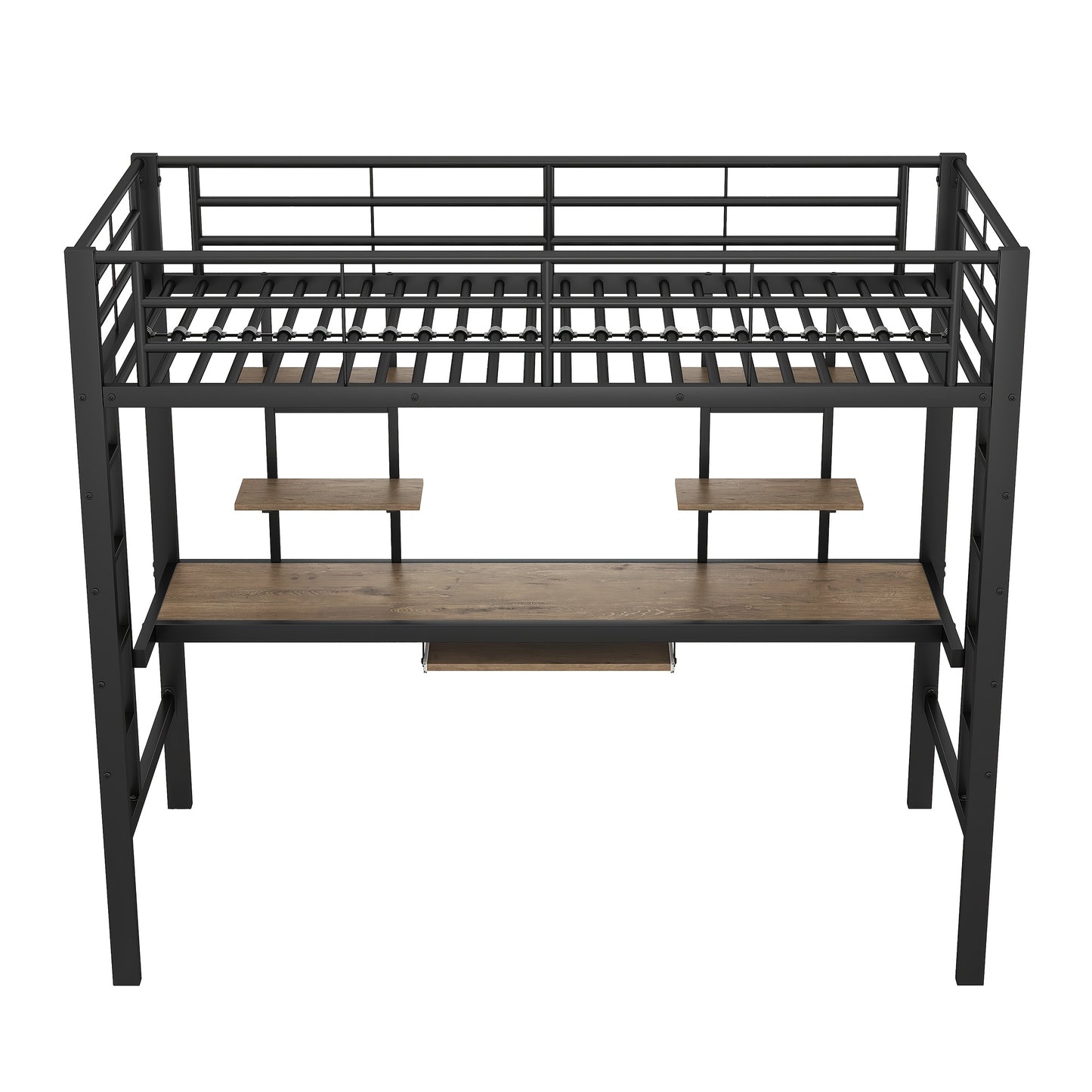 Bedframe – Metalen Bed – IJzeren Bed – Hoogslaper – Eenpersoonsbed – Inclusief Bureau En Boekenplanken – Robuust Stalen Frame – Afmeting 90x200 cm – Zwart