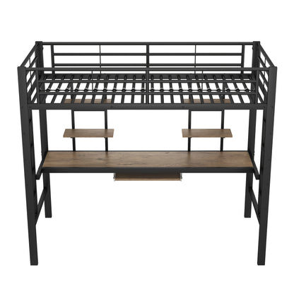 Bedframe – Metalen Bed – IJzeren Bed – Hoogslaper – Eenpersoonsbed – Inclusief Bureau En Boekenplanken – Robuust Stalen Frame – Afmeting 90x200 cm – Zwart