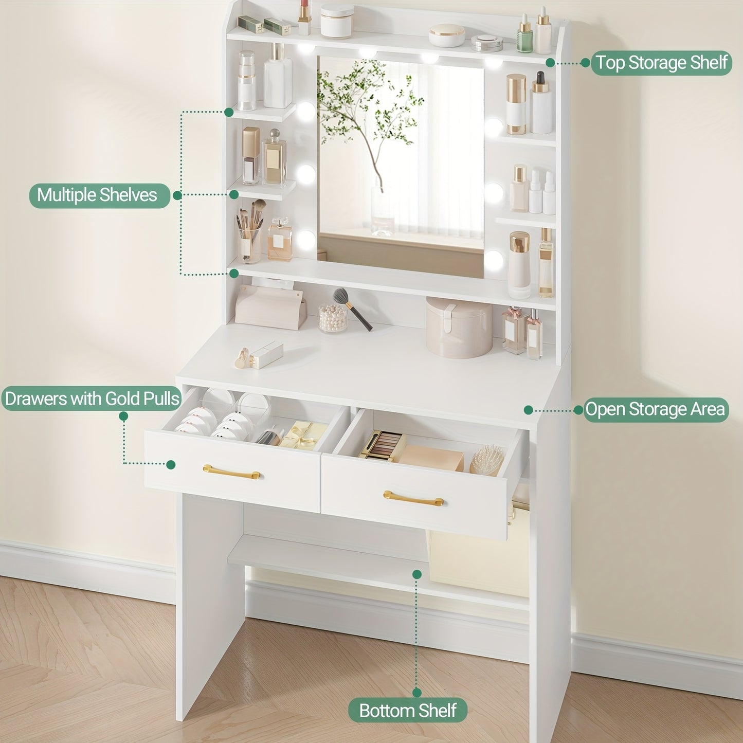 Kaptafel – Make-up Tafel – Vanity – Make-uptafel – Dresser – Wit – Verstelbare Verlichting – 40x80x149 cm – Elegant Design – Ruime Opbergruimte