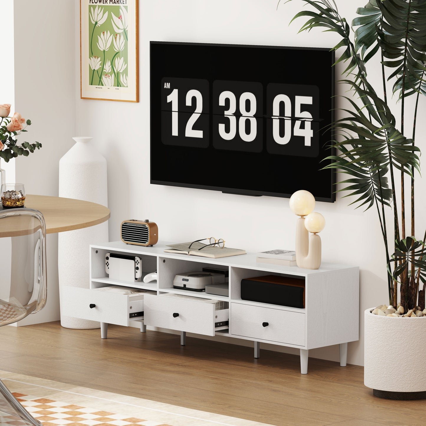 Tv-meubel – TV-kast – Televisiekast – TV-dressoir – Media-meubel – Voor televisies tot 75 inch – Met 3 lades en 3 open planken – Kabelmanagement – Wit spaanplaat