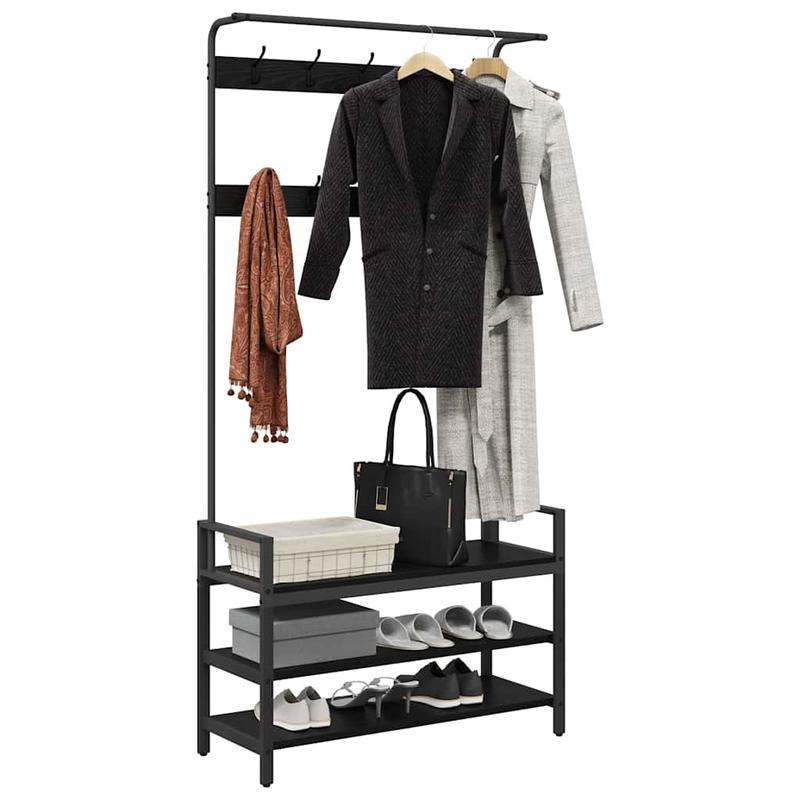 Extra Hoog Kapstokrek – Kledingrek – Garderoberek – Hangrek – Stellingrek – Zwart Eiken Fineer – 3-laags Opbergrek – 184 cm Hoogte – Stevige Engineered Houtstructuur