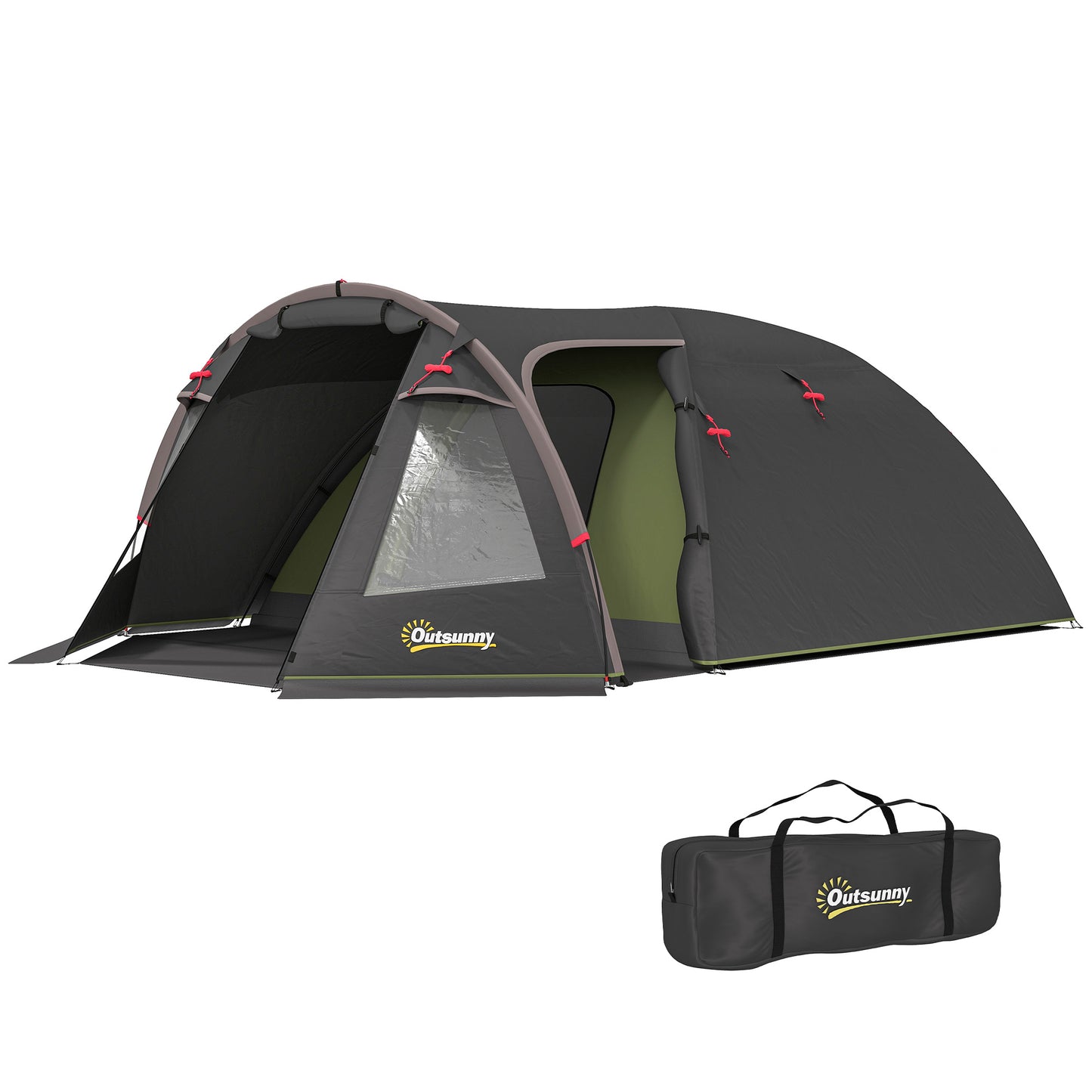 Familietent – Kampeertent – Buitentent – Tunneltent – Tent voor 4 Personen – Lichtgewicht Glasvezelframe – 3 Deuren en Ramen – Zwart – 360x250x130 cm