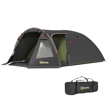 Familietent – Kampeertent – Buitentent – Tunneltent – Tent voor 4 Personen – Lichtgewicht Glasvezelframe – 3 Deuren en Ramen – Zwart – 360x250x130 cm