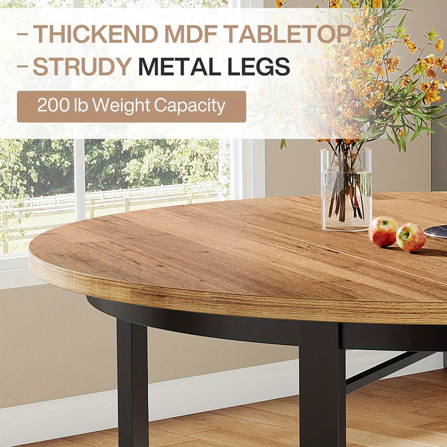 Ronde Eettafel – Ronde Keukentafel – Dining Table Rond – Cirkel Tafel – Ronde Tafel Bruin – 120 cm Diameter – Massief Houten Blad Met Zwarte Metalen Poten