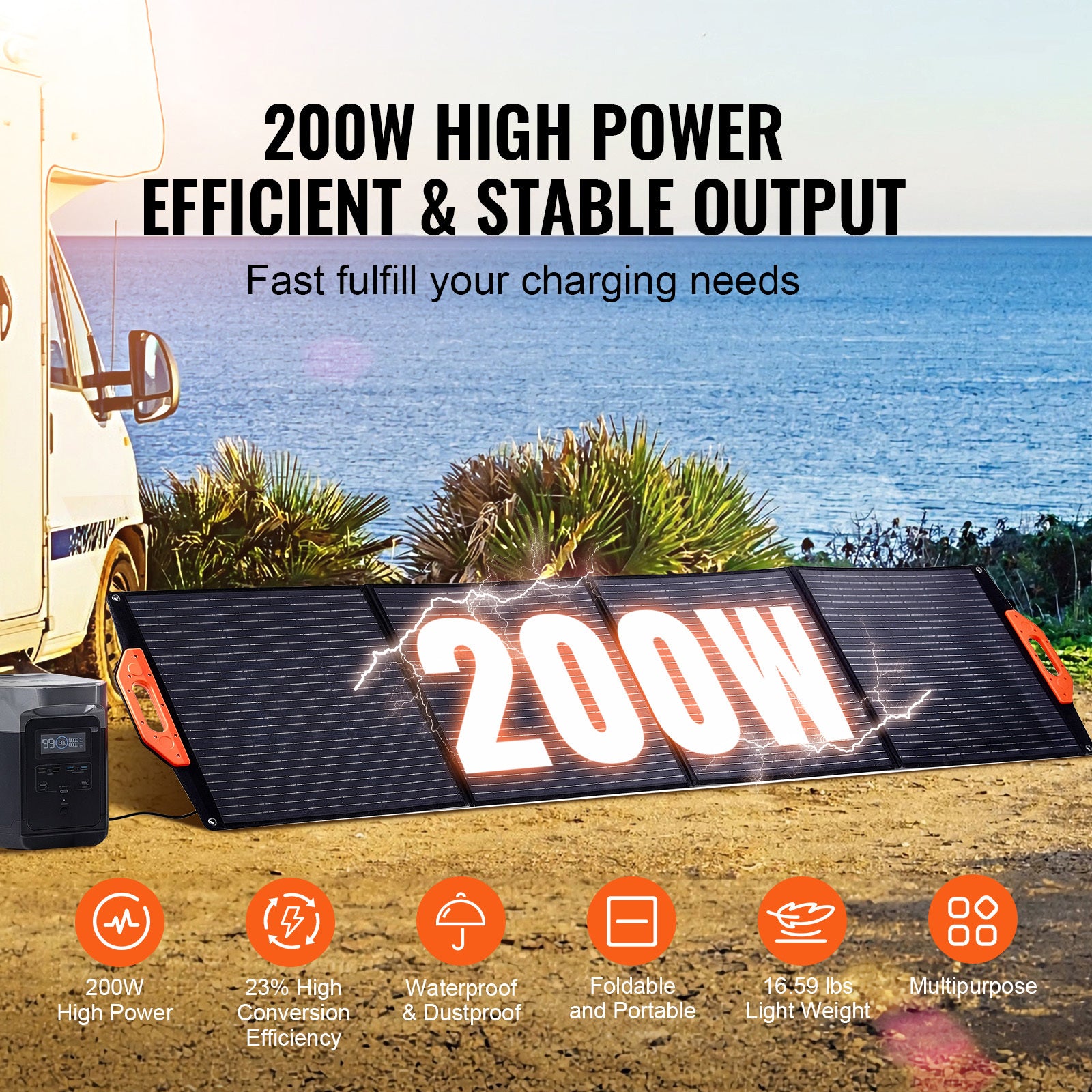 Draagbaar Zonnepaneel – Mobiel Zonnepaneel – Opvouwbaar Zonnepaneel – Solar Paneel – 200W Vermogen – Monokristallijn – Weerbestendig - QUORE