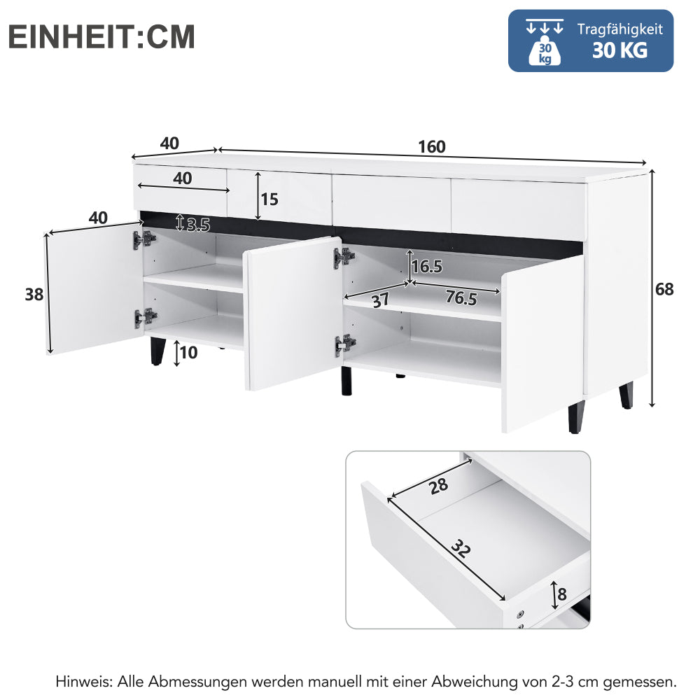 Moderne Kast – Opbergkast – Ladekast – Hoogglans Kast – Dressoir – Wit Hoogglans – 4 Ruime Lades – Verstelbare Planken