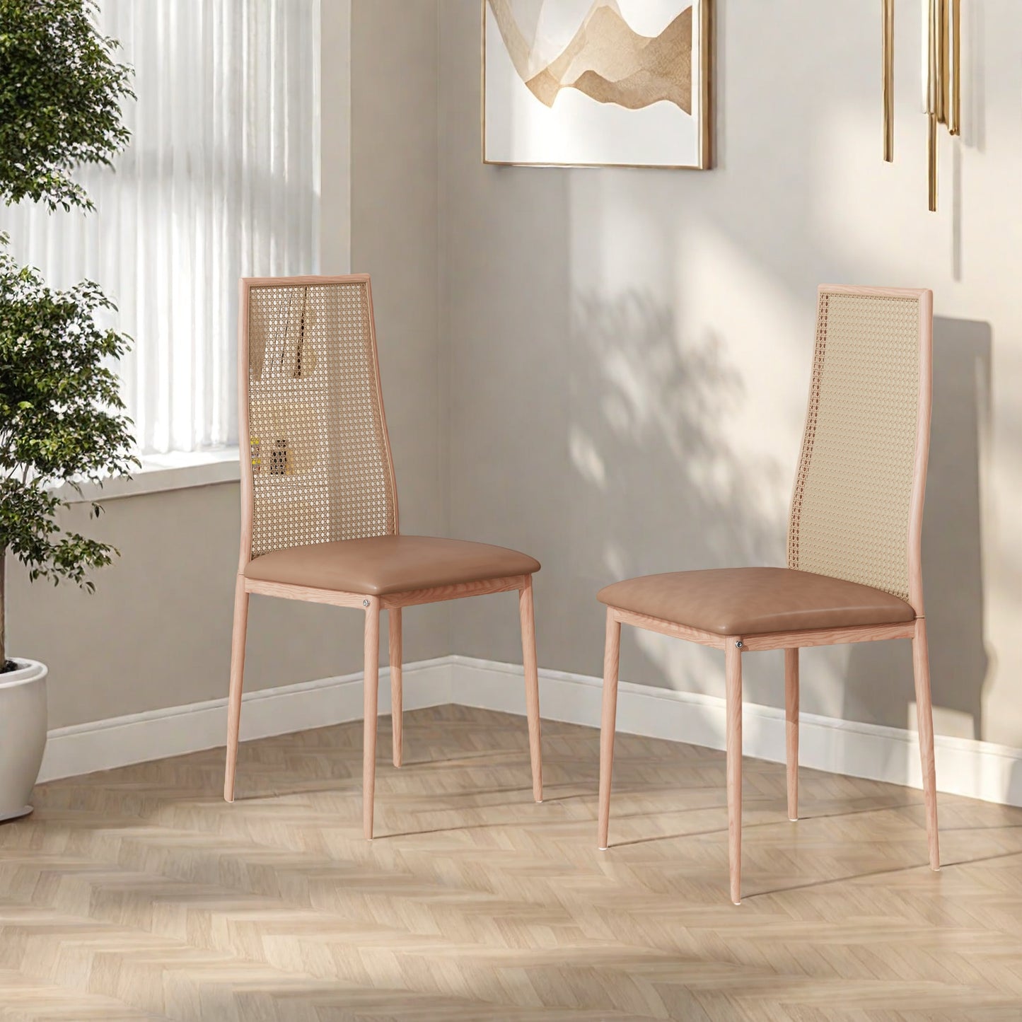 Rattan Eetkamerstoelen – Rotan Stoelen – Tuinstoelen – Keukenstoelen – Bistrostoelen – Mid-Century Modern Design – Weerbestendig Metalen Frame – Compacte Afmetingen 97,5x43x44 cm
