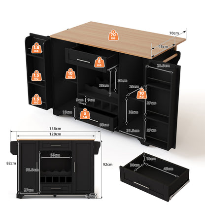 Keukentrolley – Keukenkar – Serveerwagen – Keukenwagen – Opbergtrolley – Mobiel met Wieltjes – Inklapbaar Werkblad – Wijnrek & Kruidenrek – 120x45/70x92 cm – Zwart