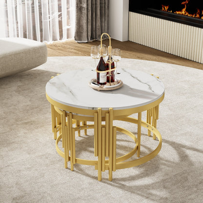 Modern Round Modular Coffee Table & Combination Table - Marble Top with Golden Metal Frame, Space-Saving Expandable Suitable for Living Room, Assembly, Durable Contemporary Table (Wood-Free)