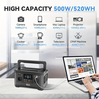 Draagbare Generator – Powerstation – Noodstroomvoorziening – Camping Accu – Mobiele Energiebron – 520Wh Capaciteit – Pure Sinusgolf Output – 500W Continu Vermogen