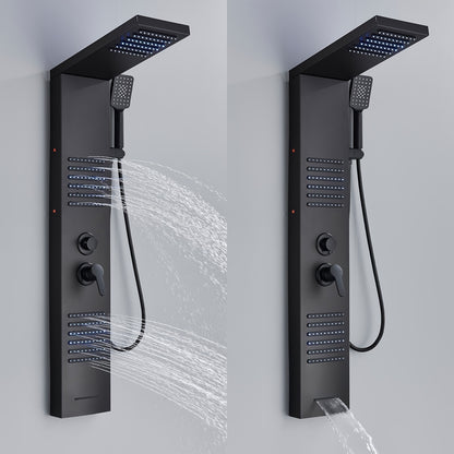 5-in-1 Stainless Steel Shower Panel Tower System with Rainfall Showerhead, Waterfall Spout, Handheld Shower & Tub Spout - High-Pressure Wall-Mounted Bath System, Matte Black Finish, Blue Backlit Controls, Easy Installation (N