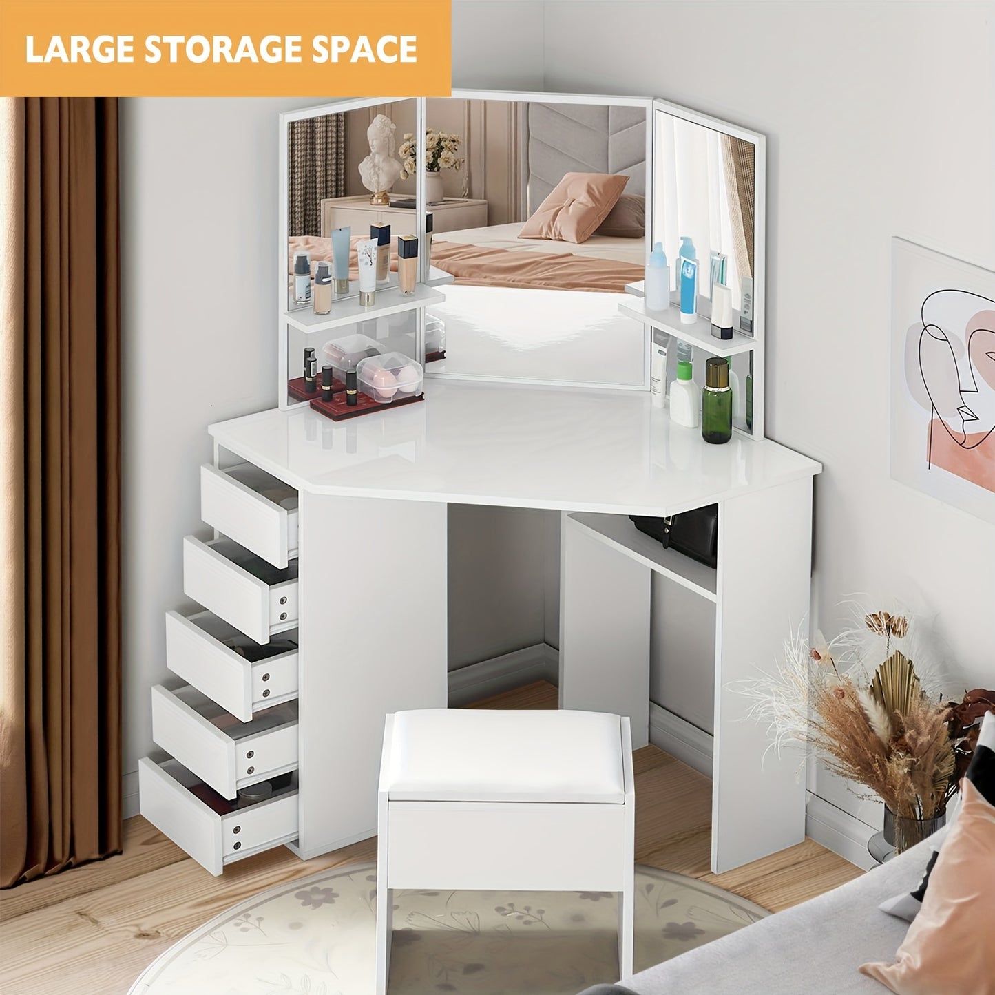 Hoek Make-uptafel – Make-uptafel – Kaptafel – Schminktafel – Toillet tafel – Wit Design – 5 Lades & 3 Spiegels – Inclusief Kruk