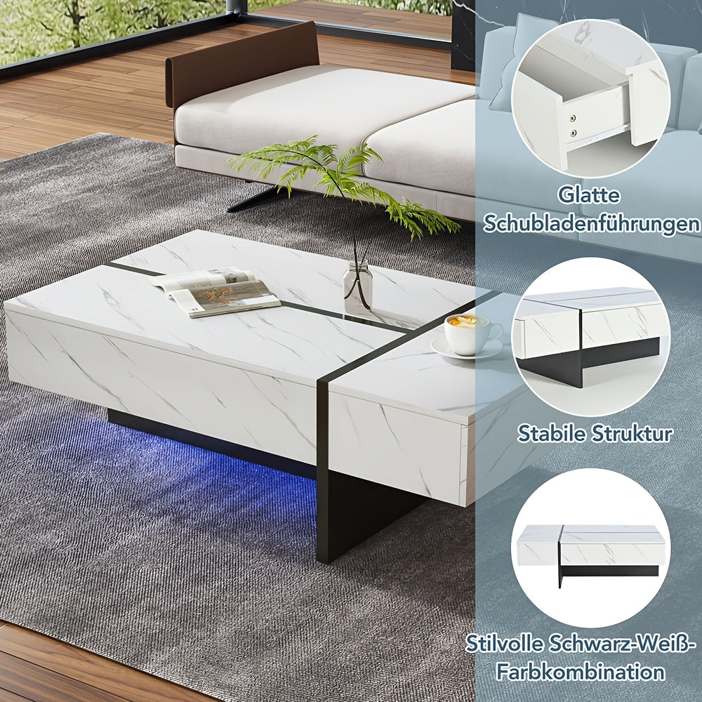 Witte Salontafel – Koffietafel – Bijzettafel – Tafel – Meubel – Marmerlook – Hoogglans Tafelblad – Bamboe Materiaal