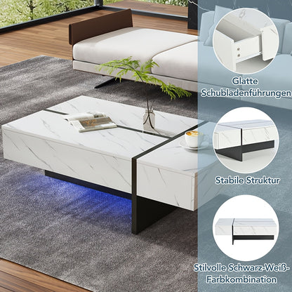 Witte Salontafel – Koffietafel – Bijzettafel – Tafel – Meubel – Marmerlook – Hoogglans Tafelblad – Bamboe Materiaal