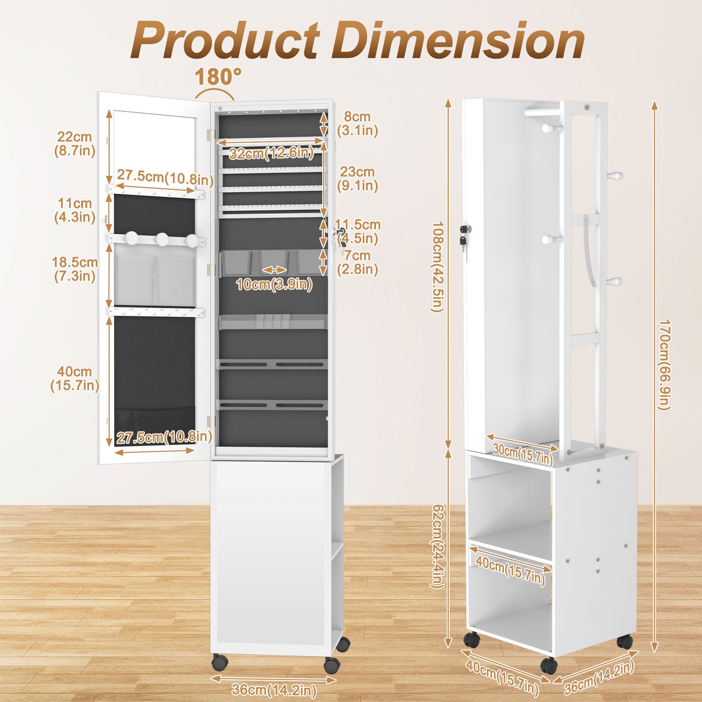 Sieradenkast – Sieradenopberger – Spiegelkast – Juvelenkast – Make-upkast – 360° Draaibare Spiegel – Afsluitbaar Met Slot – MDF & Staal – Wit – Met Wieltjes