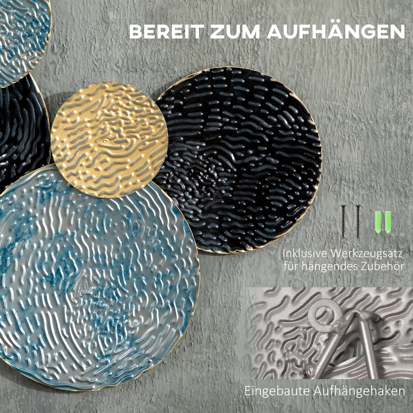 3D Wall Decoration with Circles, 121 cm x 4 cm x 53 cm, Metal, Blue + Black