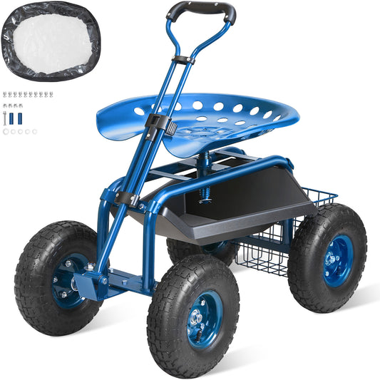 Tuinstoel – Tuinrolstoel – Werkkruk – Tuinkruk – Verrijdbare Stoel – 360° Draaibaar – Stalen Frame met Opbergmand – 10-Inch Luchtbanden