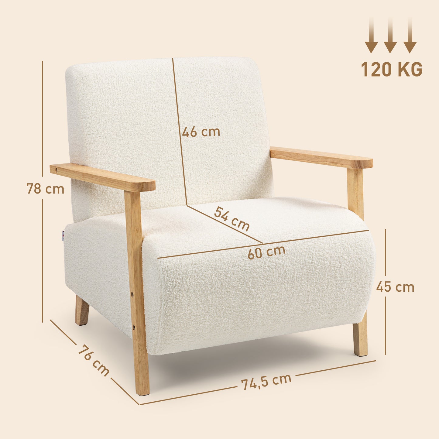 Fauteuil – Armstoel – Loungestoel – Zetel – Relaxstoel – Crème Wit – Sherpa Bekleding – Massief Houten Poten – Max 120 Kg