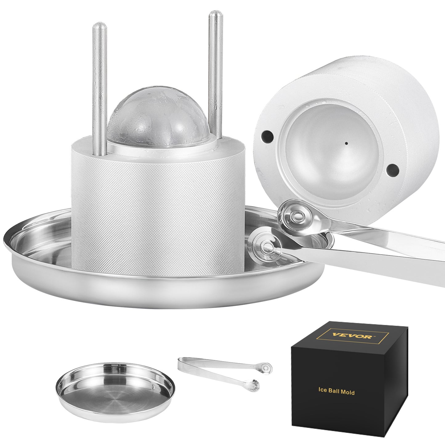 Ijsklontjesvorm – IJsbalvorm – Ijsmaker – IJsblokjesmaker – Ijspers – Aluminium Luchtvaartkwaliteit – 6 cm IJskogel – Inclusief Tong en Druipbakje