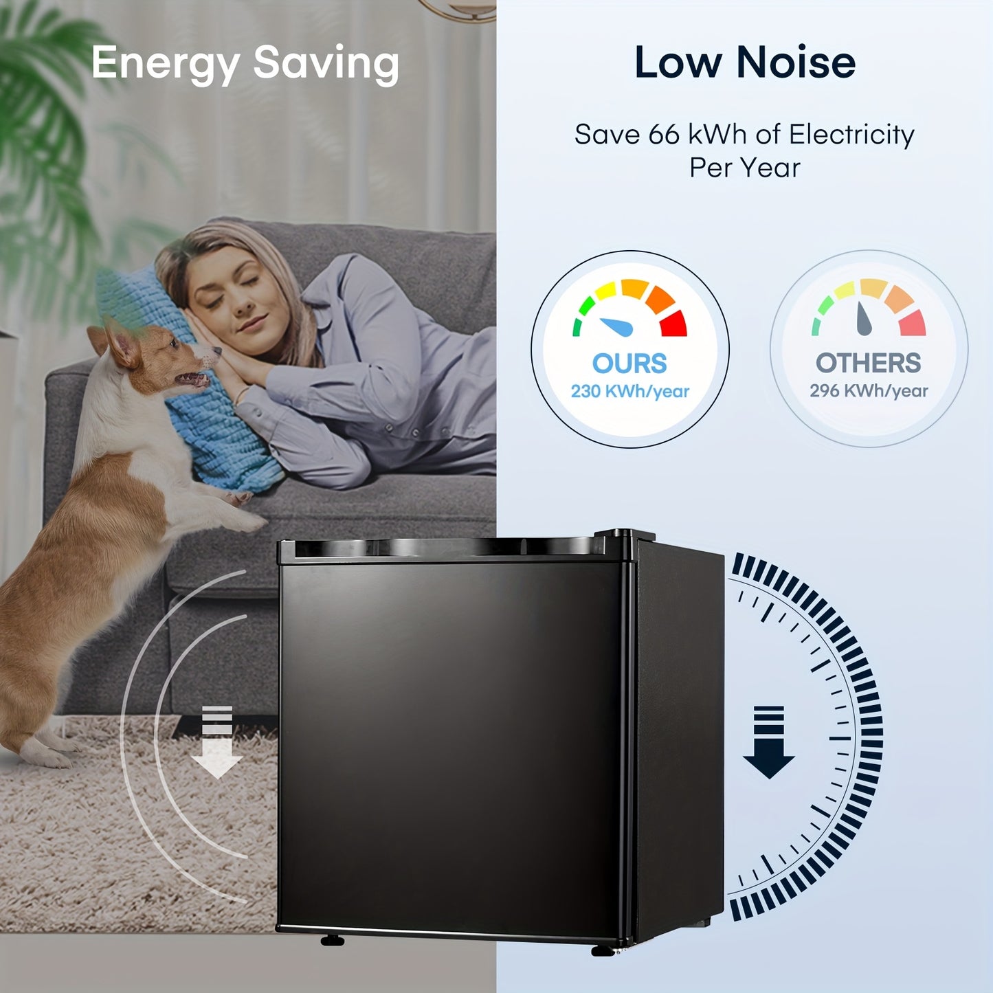 Mini Koelkast – Minibar – Tafelmodel – Kleine Koelkast – Compacte Koelkast – 46 Liter Inhoud – Met Vriesvak – Energiezuinig E-Klasse – 42 dB Stil Geluid – Verstelbare Deurtjes & Temperatuur
