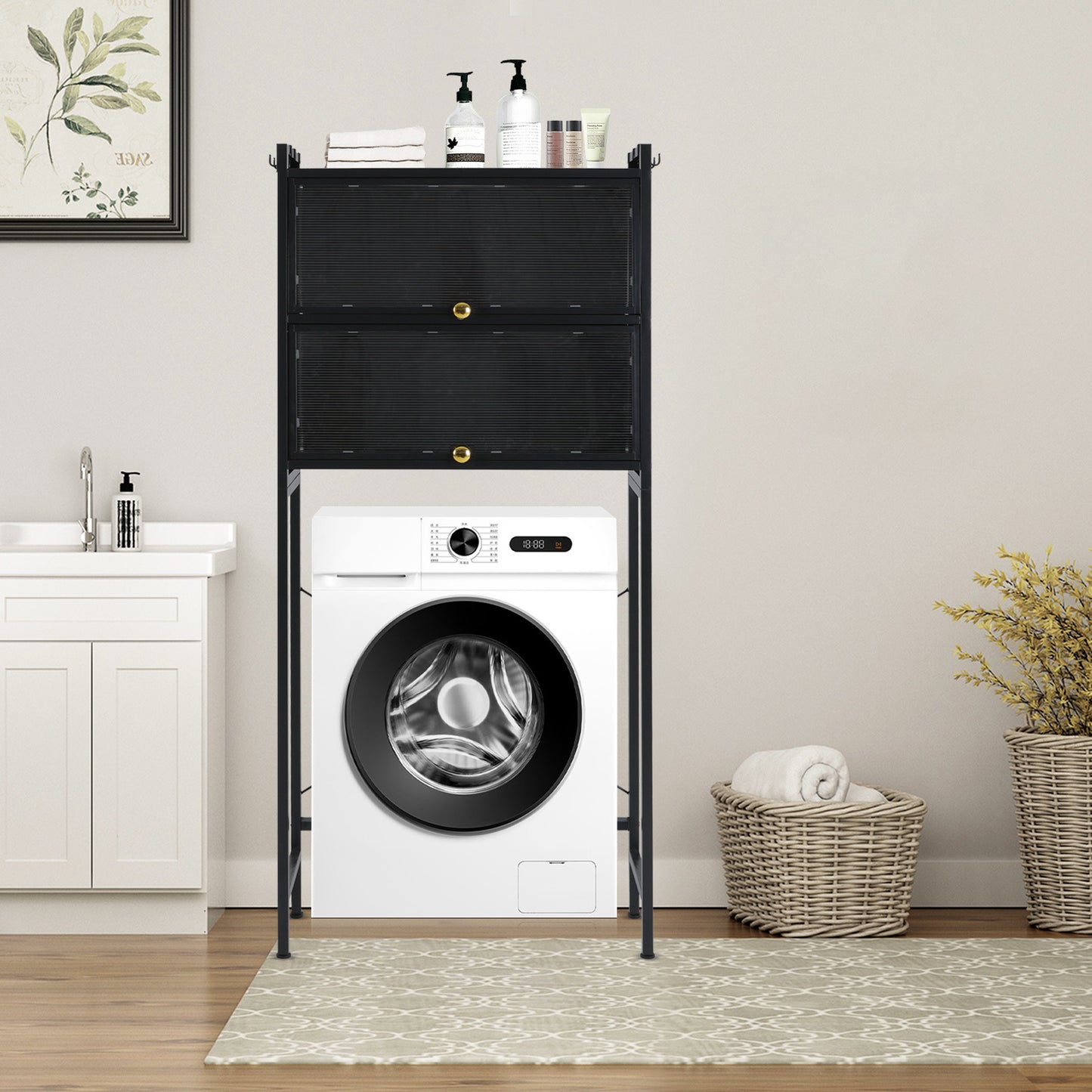 Wasmachine Meubel – Wasmachine Kast – Wasmachine Ombouw – Wasmachine Opbergrek – Wastafel Meubel – Zwart – 3-Lagens Opbergruimte – 6 Afneembare Haken – Carbonstaal & Kunststof – Vrijstaand – Compact 70x25x167 cm