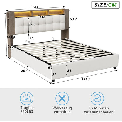 Tweepersoonsbed – Opbergbed – Bedframe – LED Bed – Bed Met Oplaadfunctie – 140x200 cm – Velours Hoofdbord – Hydraulische Opbergruimte