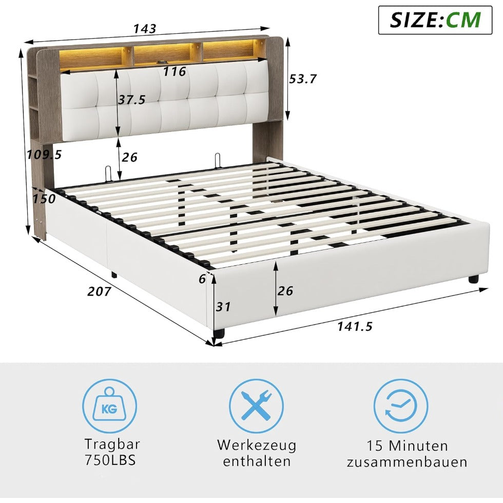 Opbergbed Double Bed – Bed Frame – Boxspring – Bedkast – Slaapbank – 160x200 cm – Verstelbare LED-Verlichting – USB Laadfunctie