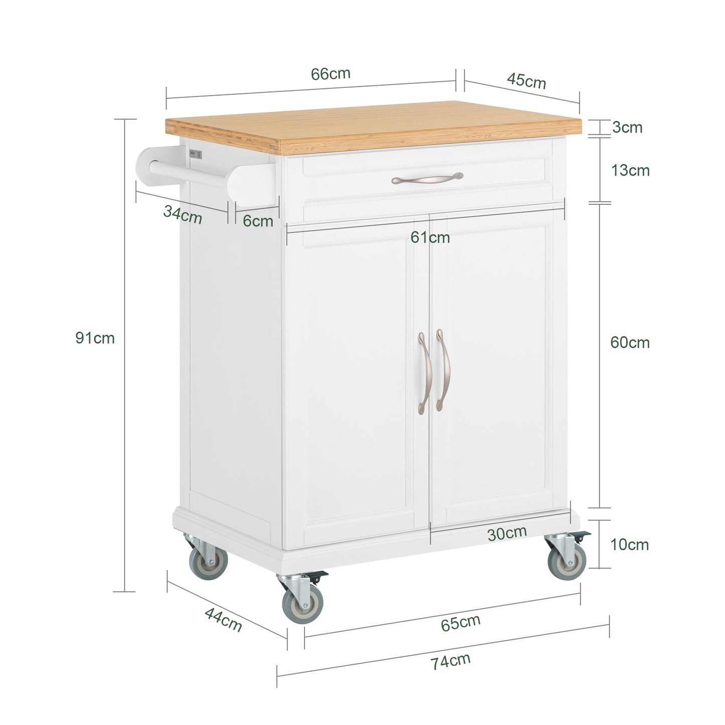 Keukentrolley – Keukenwagen – Serveerwagen – Keukenkast – Opbergtrolley – Bamboe Werkblad – 66x45x91 cm – MDF Frame – Verrijdbaar met Remmen