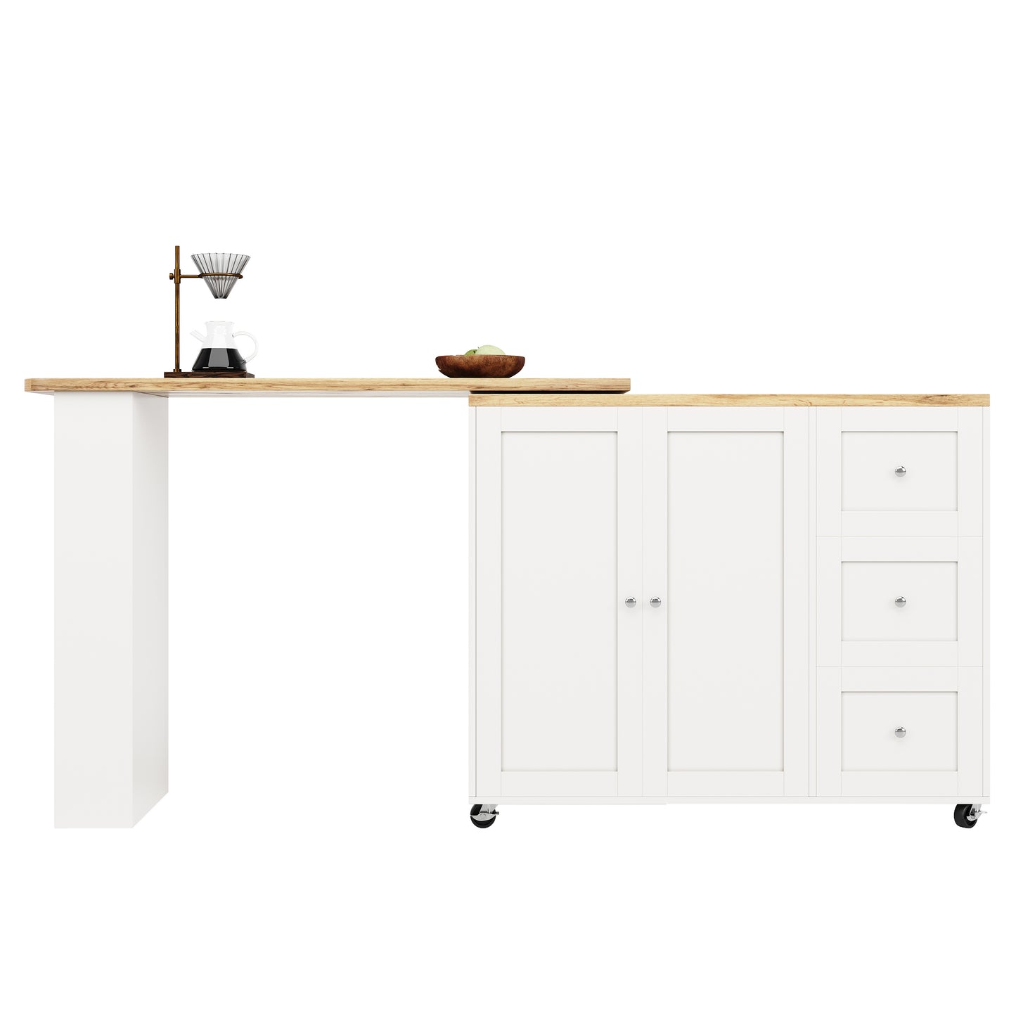 Dressoir – Sideboard – Opbergkast – Ladekast – Draaibaar 360° – Uittrekbare Lengte 135-203 cm – Met Wieltjes en Lade